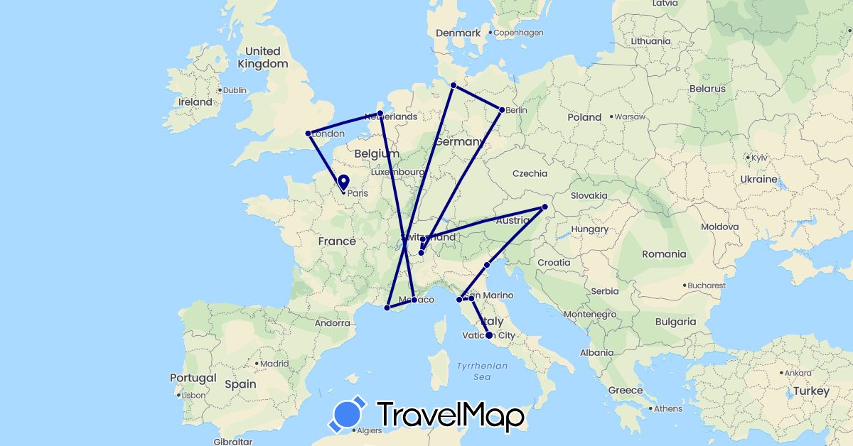 TravelMap itinerary: driving in Austria, Switzerland, Germany, France, United Kingdom, Italy, Netherlands (Europe)